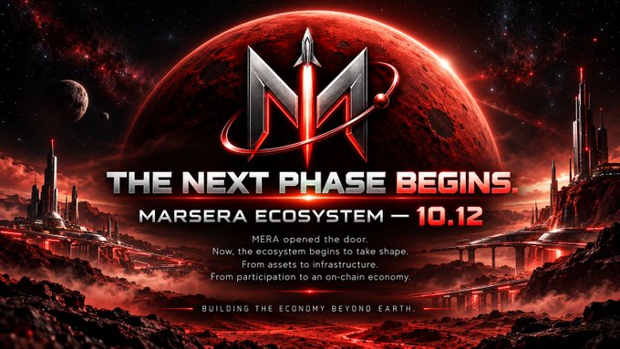 A sci-fi promotional graphic for 'MARSERA Ecosystem — 10.12' with the headline 'THE NEXT PHASE BEGINS,' depicting a futuristic red Mars landscape with a rocket emblem and the tagline 'Building the Economy Beyond Earth.'