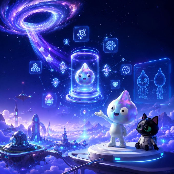 A vibrant sci-fi digital artwork features cute mascot characters including a smiling white droplet-shaped figure and a black cat in an astronaut suit, standing on a platform surrounded by floating holographic icons and a cosmic galaxy backdrop.