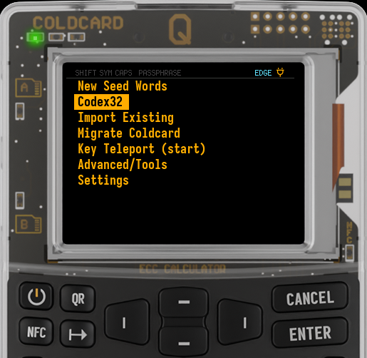Close-up of a COLDCARD hardware Bitcoin wallet device displaying its menu with options including 'New Seed Words', 'Codex32' (highlighted), 'Import Existing', 'Migrate Coldcard', 'Key Teleport (start)', 'Advanced/Tools', and 'Settings'.