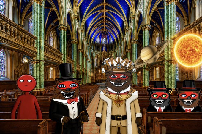 A digital artwork depicts a wedding scene inside a gothic cathedral, featuring a red stick figure, three smiling characters with red demon-like faces in formal wear, alongside Saturn and a fiery sun.