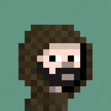 A low-resolution, blocky pixel art portrait of a person with a dark beard and long brown hair, set against a solid teal background.