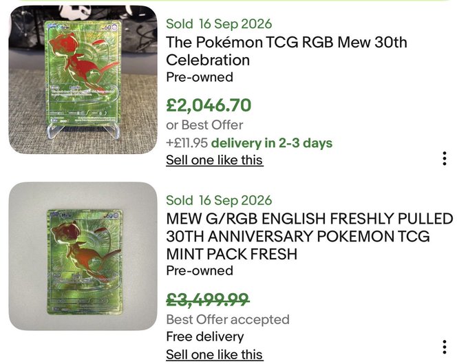 A screenshot of two eBay sold listings for the Pokémon TCG RGB Mew 30th Celebration card, showing a price drop from £3,499.99 to £2,046.70 on 16 Sep 2026, illustrating the post's point about a massive overnight value loss from "wrecked" speculators.