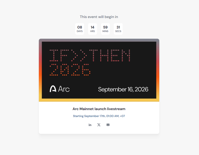 An event countdown page shows "IF>>THEN 2026" by Arc, scheduled for September 16, 2026, with 08 days, 14 hours, 59 minutes, and 31 seconds remaining.