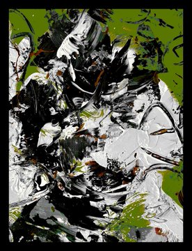 A chaotic abstract painting featuring aggressive black brushstrokes and splatters over a white and muted olive-green background, reflecting the turbulent, uncontained emotional theme of the artist's "Late GM" Tezos NFT collection.