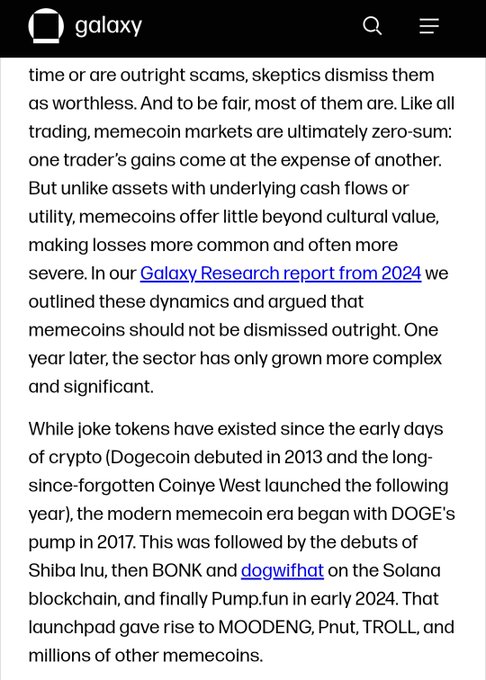 Article from Galaxy discussing memecoins, citing their 2024 research report and noting the rise of tokens like Dogecoin, Shiba Inu, BONK, dogwifhat, and Pump.fun.