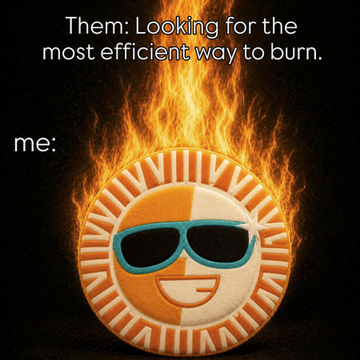 The image features an orange and white lion cookie with sunglasses, which appears to be smiling. The text above the cookie reads "They're looking for the most efficient way to burn." Below this, there's a caption that says "me:".