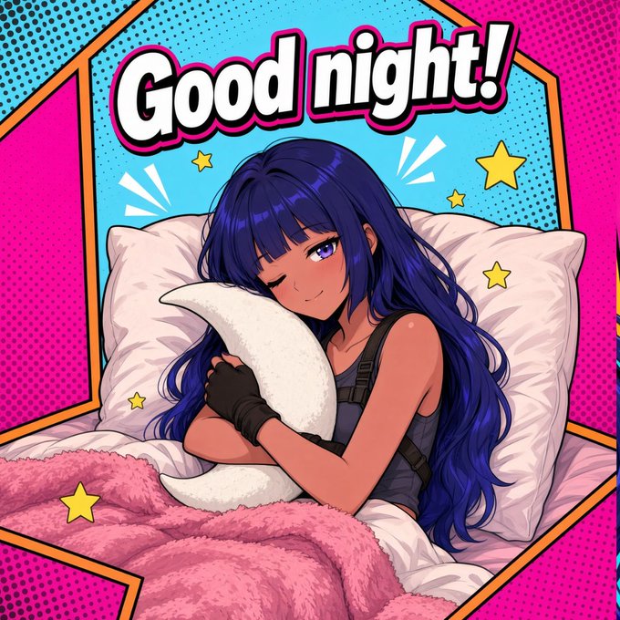 A colorful pop-art style illustration of an anime girl with long purple hair hugging a white pillow in bed, with 'Good night!' text in a speech bubble against a pink and blue background.