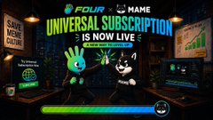 A dark, tech-styled promotional graphic announces "YOUR NAME × MAME UNIVERSAL SUBSCRIPTION IS NOW LIVE" in glowing text, with cartoon mascot characters and the "GAME MAME CULTURE" logo on the left, teasing the launch of Mame's new subscription service in partnership with Four.Meme.