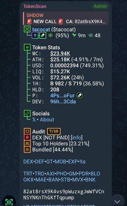 The image features a phone screen displaying a list of items, including the title "Watch your entry on $TACOCAT CA>82at8rsX9K4vs9pWuzxgJwWfVCnNSYNKnThGKfTqpump #solanaMemecoins". The post is about a new call to action for users of the cryptocurrency website "Solana Memecoins", which includes an option for sharing information with the hashtag "#solana". The screen also shows the text "TACOCAT CA>82at8rsX9K4vs9pWuzxgJwWfVCnNSYSYNKnThGKfTqpump #SolanaMemecoins", which is part of a broader discussion related to cryptocurrency.
