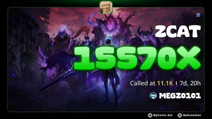The image displays a promotional graphic announcing a call on the token "1SS70X" (associated with @MEGZ0101), branded with "2CAT" against a dark, demonic anime-style backdrop. It notes the call was "Called at 11.1K | 7d, 20h," visually highlighting a significant gain since the user publicly called $zcat around 9k, with the post implying potential for further upside as attention shifts to CoinMarketCap and BNB pairs.