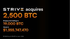 The image shows a black background with white text that reads "STRIVE Acquires 2,500 BTC" at the top of the screen. Below this, there are two columns of numbers representing the total number of Bitcoins held by each company. The first column shows 19,000 Btc and the second column displays 1,anking 743,737 Bitcoin. These numbers indicate that Strive is acquiring 2,500 BTC from Metaplanet, Riot, and CleanSpark.