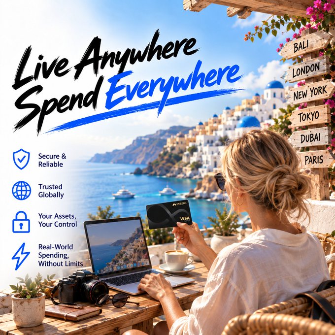 A woman holds a MEXC Visa card at a scenic Mediterranean café, with directional signs pointing to Bali, London, New York, Tokyo, Dubai, and Paris—visually reinforcing the MEXC Card campaign's tagline "Live Anywhere, Spend Everywhere" and highlighting key benefits like secure, borderless spending without limits.