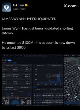 A social media post from X.com by user 'Arkham' with the headline 'JAMES WYNN: HYPERLIQUIDATED' detailing that James Wynn's Bitcoin short was liquidated, reducing his account from $100M to its last $900.