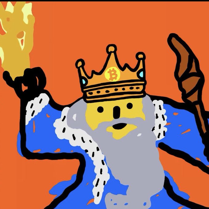 A cartoon illustration of a king with a yellow face, gray beard, gold crown with a Bitcoin symbol, blue robe with white fur trim, holding a scepter and flame against an orange background.
