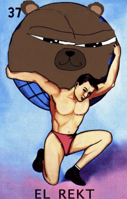 A humorous illustration of a muscular man in red underwear lifting a large brown bear mascot on his shoulders, labeled 'EL REKT' with the number 37.