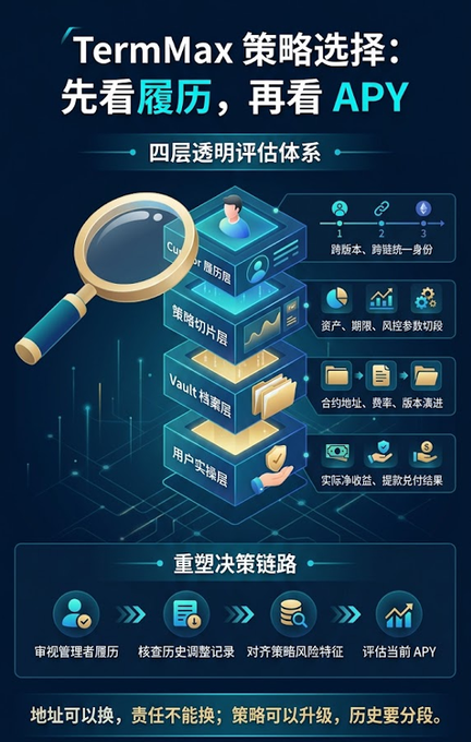 A Chinese-language promotional graphic for 'TermMax' outlines a four-layer transparent evaluation system for strategy selection, advising '先看履历，再看APY' (look at track record first, then APY), with sections on credit history, strategy slices, vault/treasury, and user entity layers.
