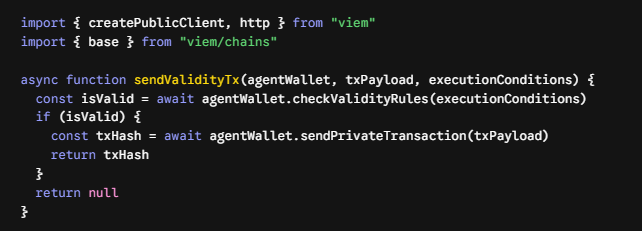 JavaScript code showing a `sendValidityTx` async function from the 'viem' library, which checks validity rules on an agent wallet and returns the transaction hash or null.