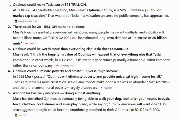 A numbered list of five bold predictions by Elon Musk about Tesla's Optimus humanoid robots, including claims it could make Tesla worth $25 trillion and eliminate poverty.