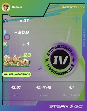 A STEPN GO app screenshot dated 14/07/2026 showing stats for user 'Octpus': 13.97 km distance, 12:17:18 time, 1.1 Avg Speed, with a StepnWalker 4 NFT and 23 Gems displayed.