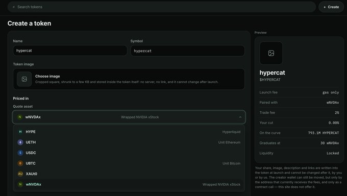 Screenshot of the updated token launchpad interface showing the "Create a token" form for "hypercat" (HYPERCAT), with wNVDAx selected as the quote asset, highlighting the newly added NVDA pair option mentioned in the update post.