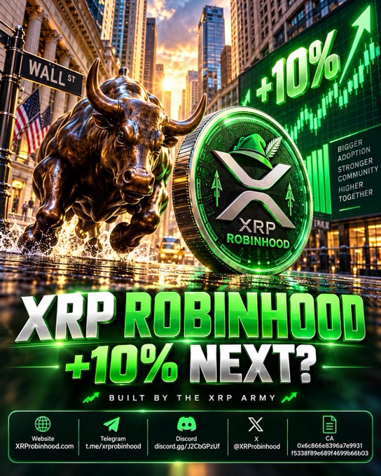 A promotional graphic featuring a bronze bull statue on Wall Street alongside a large XRP Robinhood coin, with text reading 'XRP ROBINHOOD +10% NEXT?' and 'BUILT BY THE XRP ARMY', along with social media handles and contact information.