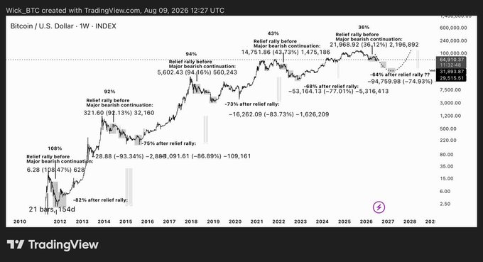 A TradingView weekly Bitcoin/U.S. Dollar chart (BTC/USD on Wick_ BTC) showing long-term price history with annotations of historical "relief rallies" following bear markets (e.g., 2014, 2018, 2022) and projected scenarios, currently highlighting a potential relief rally from ~$21,965 toward $31,893.87 or $64,910.37 before further bearish continuation—visually reinforcing the post's focus on the $31K–$27K range and the possibility of a drop toward $19K.