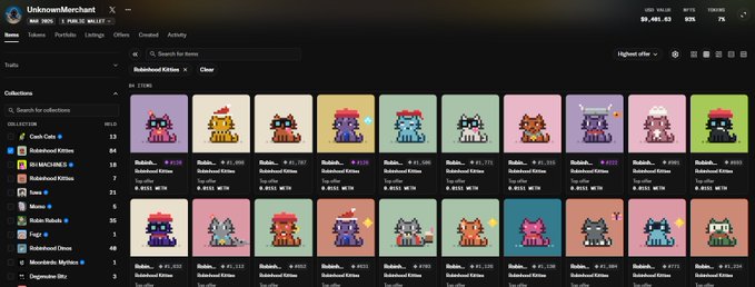 The image shows an OpenSea NFT marketplace listing for the "Rubah Kitties" collection, where one item (highlighted with a yellow border) is priced at 0.5159 ETH while 84 other items display floor prices around 0.4113 ETH.

The image illustrates the scam strategy described: the highlighted kitten is the single rare purchase at a higher price (~0.5159 ETH) meant to create artificial FOMO, while the remaining 84 listings sit at a lower floor price (~0.4113 ETH), giving the appearance of support that the scammer could later remove to dump the collection.
