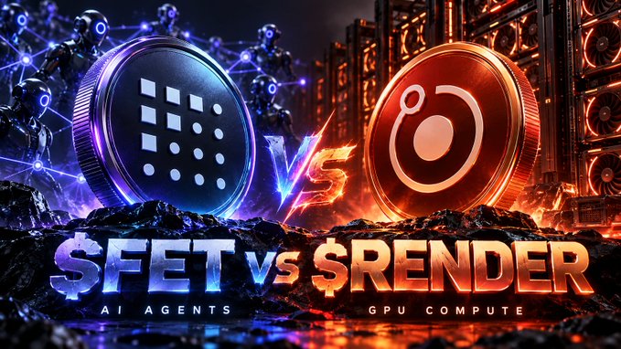 Promotional comparison banner '$FET vs $RENDER' contrasting AI Agents against GPU Compute, featuring stylized metallic coin representations of both cryptocurrencies.