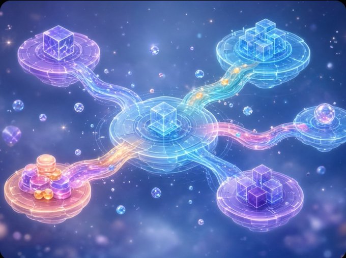 A vibrant, futuristic digital illustration depicts glowing energy streams connecting floating platforms with holographic cubes, coins, and spheres against a cosmic starry background.