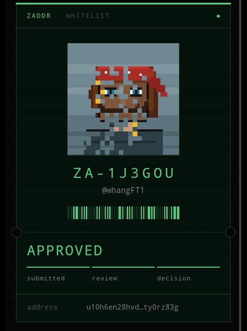 A digital 'ZADDR WHITELIST' approval card displays a pixel art character and is marked 'APPROVED' with the code 'ZA-1J3G0U' for user @whangFT1.