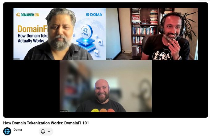 A YouTube video titled 'How Domain Tokenization Works: DomainFi 101' from the channel 'Doma', featuring a three-person video podcast discussion.