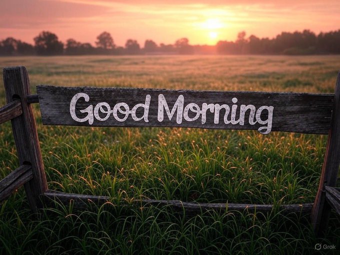 A wooden sign reading 'Good Morning' in white script, set in a grassy field at sunrise with trees silhouetted on the horizon.