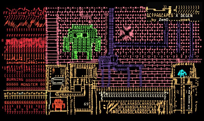 A colorful ASCII art landscape on a black background, featuring pixelated structures, creatures, and text including 'CROSSYEAR', 'BURNING MONSTER', 'SOLANASOLANA', and the credit 'GLYPHSCAPES X DEGEN... by Zen0...pet'.