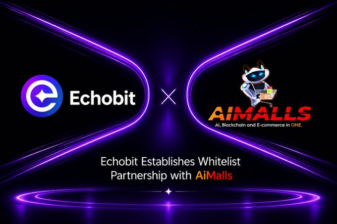 Announcement of a whitelist partnership between Echobit and AiMalls, described as 'AI, Blockchain and E-commerce in ONE'.