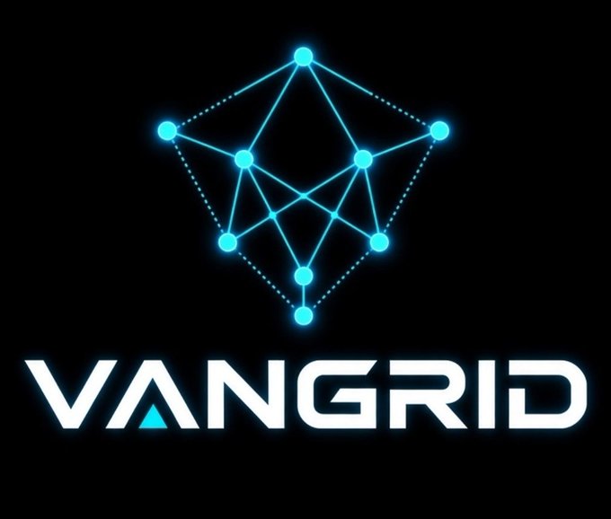 A logo on a black background features a glowing, geometric, diamond-like structure made of connected dots and lines above the word 'VANGRID' in white, futuristic text.