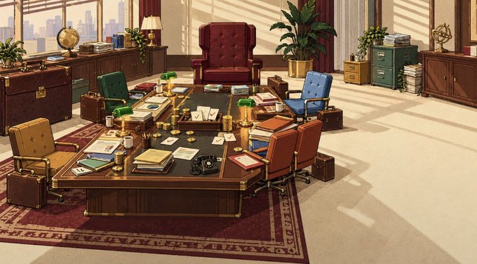 A pixel art illustration of a vintage-style office with a large wooden conference table, leather chairs, books, a globe, and a view of a city skyline through the window.