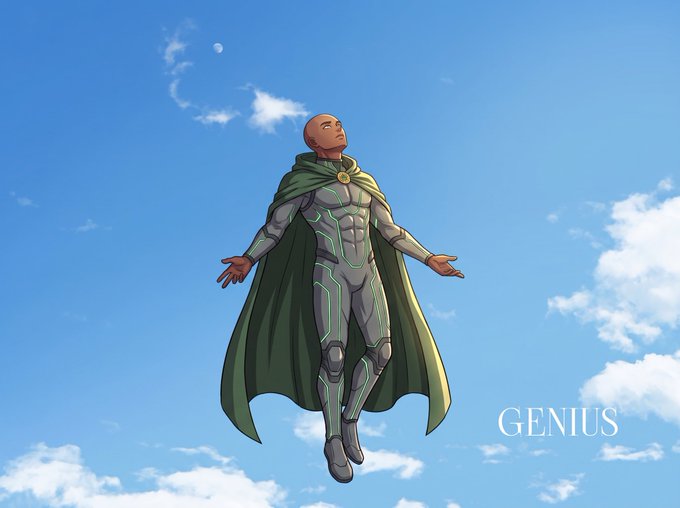 An anime-style illustration depicts a bald character in futuristic grey armor with green glowing lines and a green cape, floating in a blue sky with clouds; the text 'GENIUS' is visible.