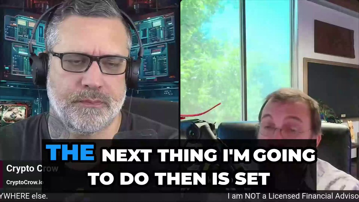 The image shows two men wearing headphones, one of whom has a beard and glasses while the other wears a white shirt with black text. They are both sitting at a desk or table, possibly engaged in an interview or discussion about a political party. The man on the left is wearing a headset that says "Crypto Crow", indicating he might be discussing cryptocurrency or related topics. The man on the right has a name tag and appears to be a financial advisor who wants to set up a political party with clear party ideals and a manifesto, as well as register a Drep for it.