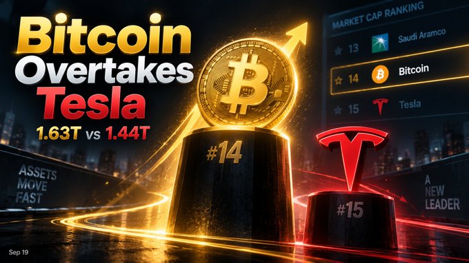 A promotional graphic titled 'Bitcoin Overtakes Tesla' comparing market caps of $1.63T to $1.44T, with a ranking showing Saudi Aramco at #13, Bitcoin at #14, and Tesla at #15.