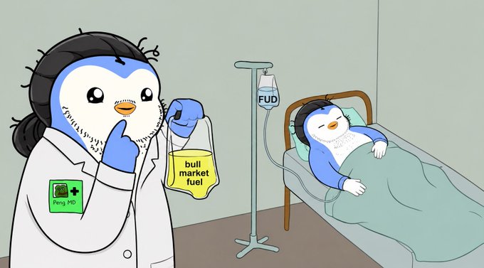 A penguin doctor holding a "bull market fuel" IV bag labeled "FUD" stands beside a patient penguin in a hospital bed with an IV drip, referencing the trader's tough day of holding bags, waiting for a bull market, and emotional market dips.