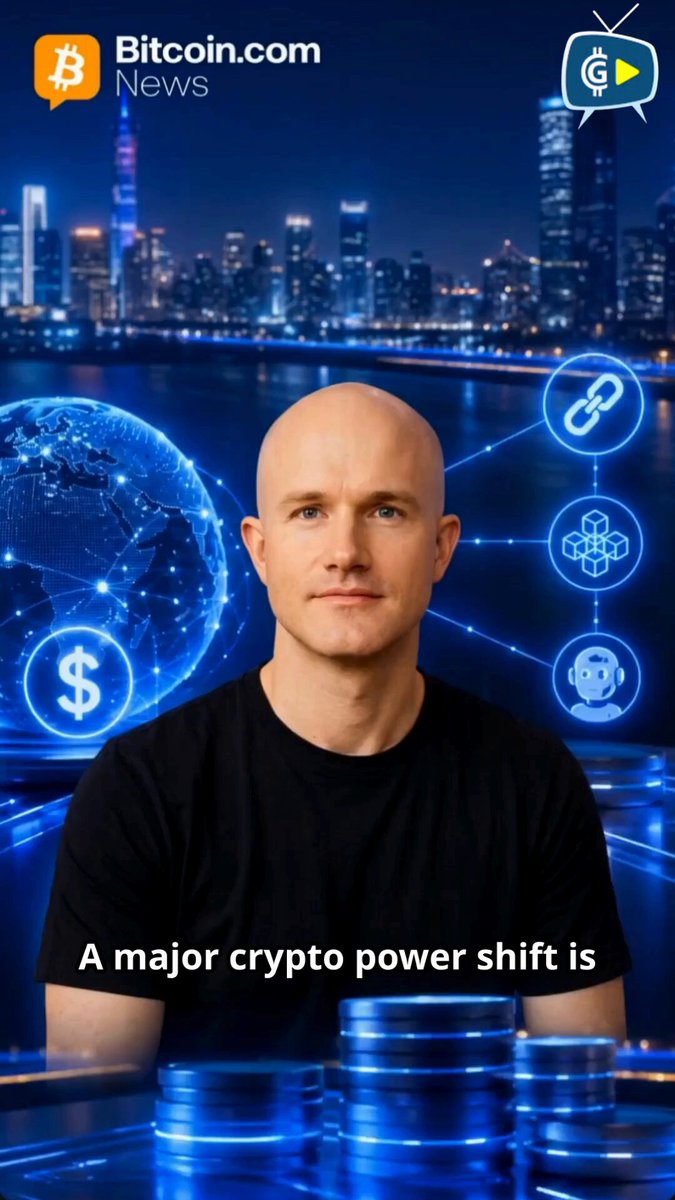 The image features a man sitting at a desk with stacks of money behind him. He has a bald head and is wearing a black shirt. In front of him are blue and white circles that appear to be related to cryptocurrency, possibly representing Bitcoin or Ethereum. The background shows a city skyline, suggesting the setting could be in Luxembourg. The image also contains text about a major crypto power shift and a coinbase selection, which may be related to the man's role as an influencer or expert on cryptocurrency matters.