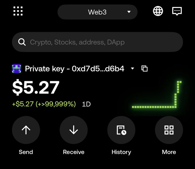 A cryptocurrency wallet screenshot shows a "Private key" account holding $5.27 with a +99,999% gain displayed as a sharp upward green chart, illustrating the humorous post's message about taking a small $5 profit to "touch grass."