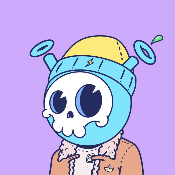 A cartoon illustration features a skull-headed character wearing a blue helmet with a yellow top and an orange jacket with a fur collar, set against a purple background.