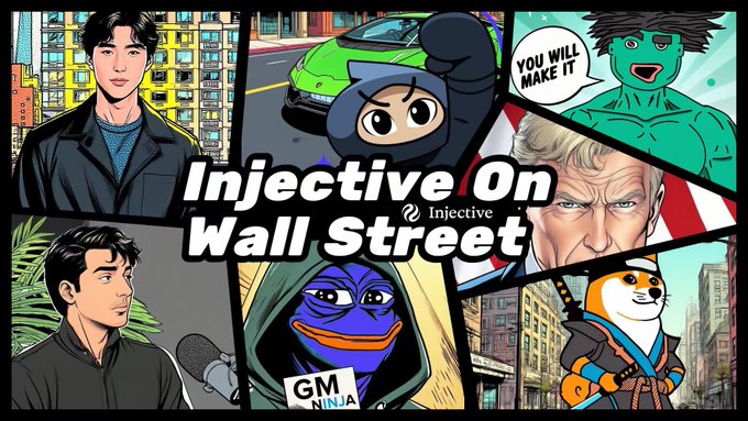 The image features a cartoon-style poster for an anime series called "Injective On Wall Street" with various characters from different comic books, including a character named G-M NANA. The poster includes a collage of images depicting these characters in action and interacting with each other. The text on the poster reads: "Injective On Wall Street", which is related to an anime series featuring characters like G-M NANA.