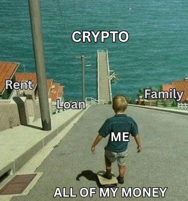 This meme humorously illustrates the overwhelming financial responsibilities like "Rent," "Loan," and "Family" that a person labeled "ME" faces, with "CRYPTO" and "ALL OF MY MONEY" spread out like a risky, uncertain path.