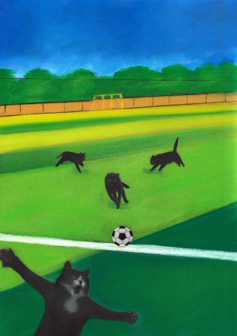 A colorful painting depicting black cats playing soccer on a green field with a yellow goal in the background, with one cat in the foreground appearing to dive with arms outstretched toward a black and white ball.