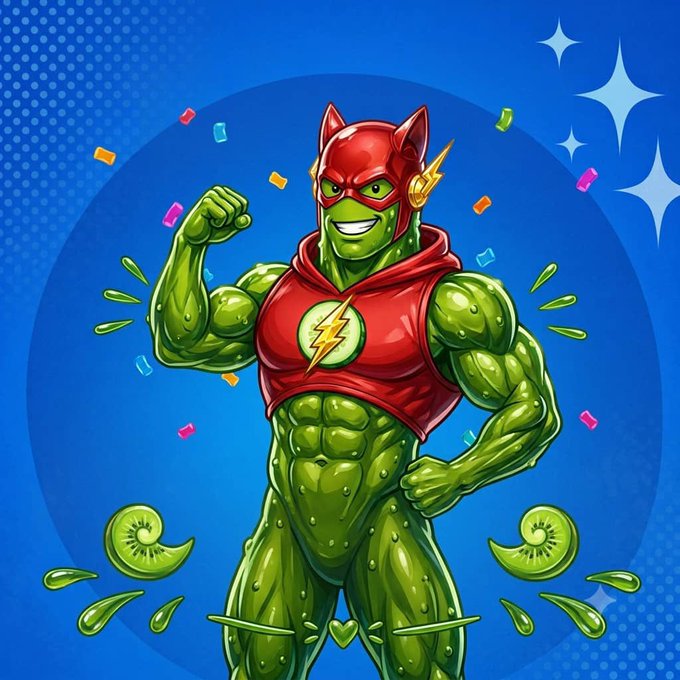 A vibrant digital illustration of a muscular superhero character with a green plant-like body, a red Flash-style costume with a lightning bolt emblem, and a cat-eared mask, posed heroically against a blue comic-book background with confetti and kiwi slices.