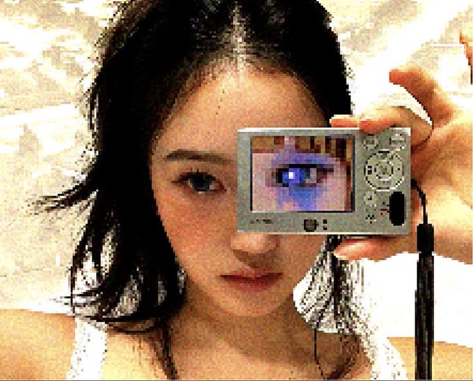 A young woman with dark hair holds a small silver digital camera up to her face, with the camera's LCD screen showing a close-up of her eye.