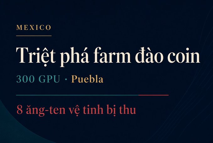 A dark blue presentation slide titled "MEXICO" with the headline "Triệt phá farm đào coin", noting "300 GPU · Puebla" and "8 ăng-ten vệ tinh bị thu".