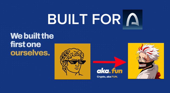 A promotional slide with text 'BUILT FOR A' and 'We build the first one ourselves.', showing a transition from a classical bust illustration to an anime-style character, with the aka.fun logo.